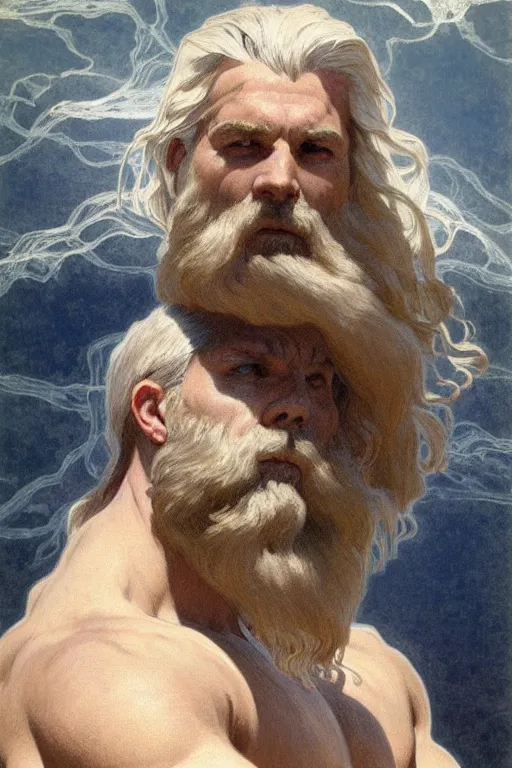 Image similar to painted portrait of rugged zeus in the ocean, god of thunder, greek god, white hair, masculine, powerful, handsome, upper body, white robe, muscular, hairy torso, fantasy, intricate, elegant, highly detailed, digital painting, artstation, concept art, smooth, sharp focus, illustration, art by gaston bussiere and alphonse mucha