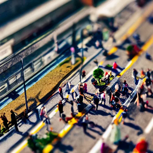 Prompt: tiny, miniature, people, sunny, depth of field, tilt shift effect