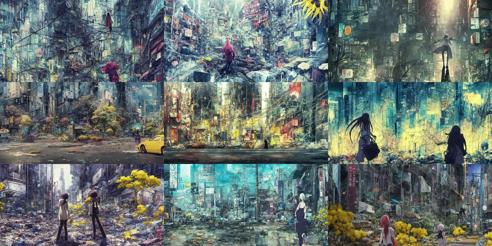 Prompt: incredible anime movie scene, mamoru oshii, otomo, ultra wide, vanishing point, hoody woman explorer, watercolor, empty, spiderwebs, trash, coral reef, daffodils, billboards, bright volumetric bloom lighting, rim light, abandoned city, paper texture, deserted shinjuku junk town, wires, telephone pole, pollen, yellow, red