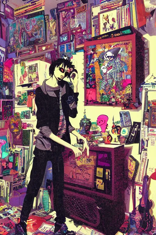 Image similar to a skinny goth guy standing in a cluttered 9 0 s bedroom by jamie hewlett, jamie hewlett art, full body character concept art, vaporwave colors, digital painting, hd, ultra hd, detailed, award winning, small details, artgerm,