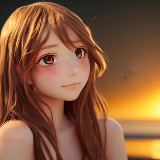 Image similar to Render of a very beautiful anime girl, long hair, hazel eyes, cute freckles, full round face, short smile, cute sundress, golden hour, serene beach setting, medium shot, mid-shot, highly detailed, trending on Artstation, Unreal Engine 4k