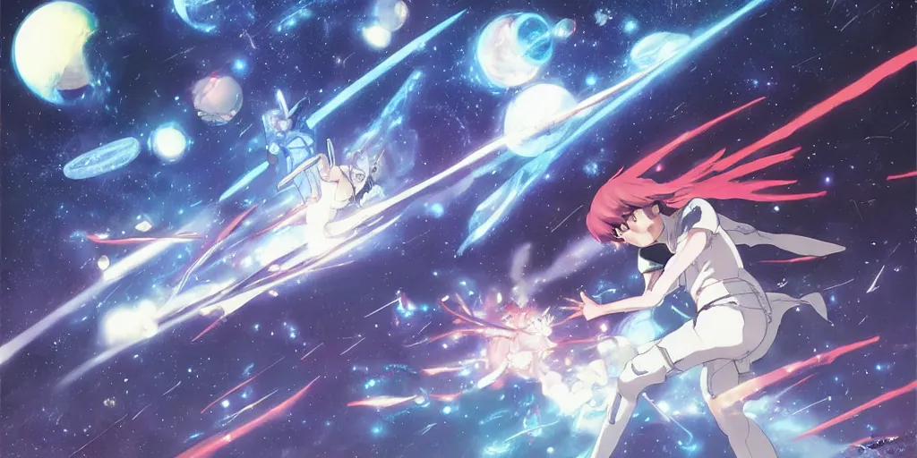 Prompt: intergalactic battle, art by makoto shinkai and alan bean, yukito kishiro