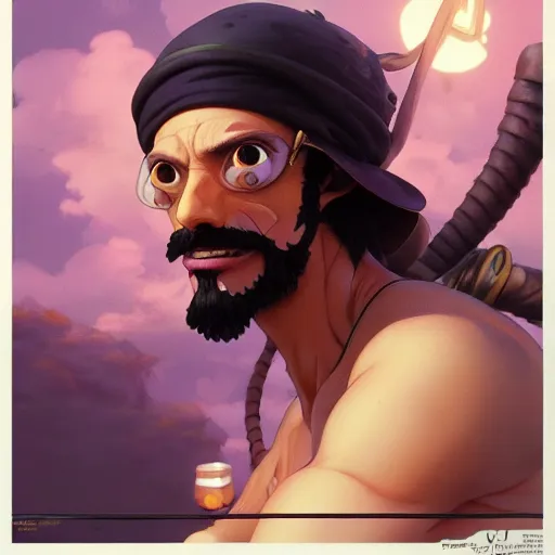 Image similar to highly detailed vfx portrait of usopp by eiichiro oda!, greg rutkowski, loish, rhads, beeple, makoto shinkai, tom bagshaw, alphonse mucha, sharp focus, art by artgerm and greg rutkowski, stanley kubrick, backlit, harsh overhead sunlight,