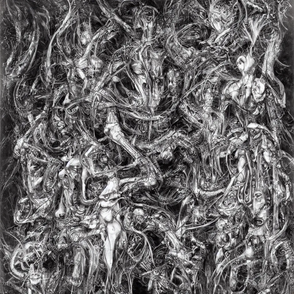 Image similar to a ritual for those who have none - Yoshitaka Amano and H.R. Giger