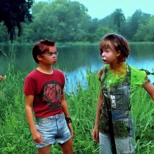 Image similar to a still of from the movie stand by me crossover with the movie the toxic avenger