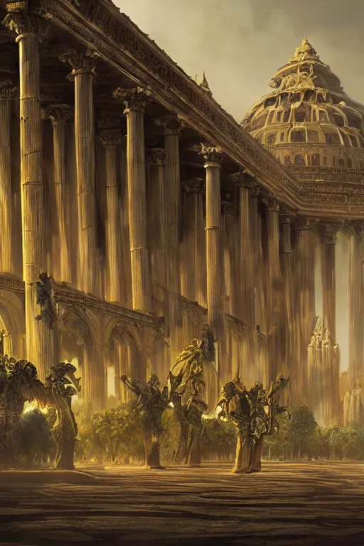 Image similar to gigantic palace, adorned pillars, towers, landscape, alex ross, neal Adams, david finch, concept art, matte painting, highly detailed, rule of thirds, dynamic lighting, cinematic, detailed, denoised, centerd