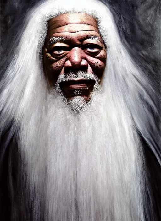 Image similar to evil morgan freeman as evil wizard saurman the white, long white hair and white beard, long white flowing robes, long black wizard staff by alan lee, lord of the rings, smooth, oil painting, matte painting, concept art, trending on artstation, promotional artwork, film still, elegant, photorealistic facial features, intricate, detailed face, cinematic lighting