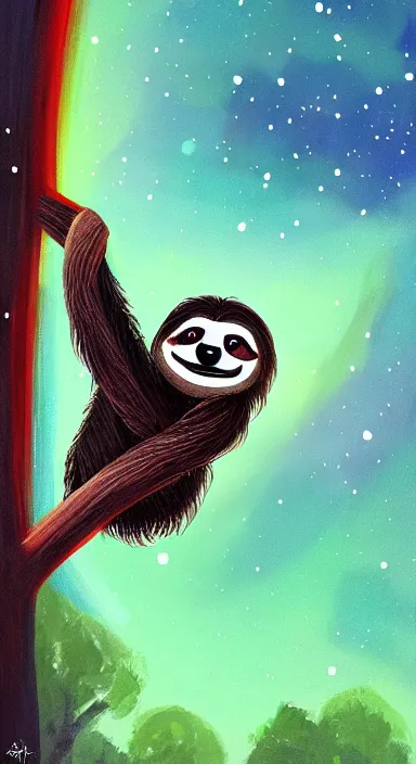 Image similar to a cute sloth hanging on a tree on a beautiful dark night with stars, everything made of thick flowing dramatic brush strokes, abstract impressionism, matte colors, trending on artstation