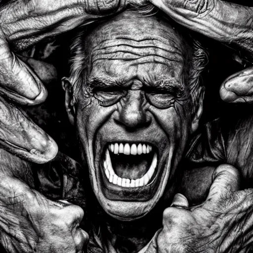 Image similar to insane old man in dark steel menace complex mouth