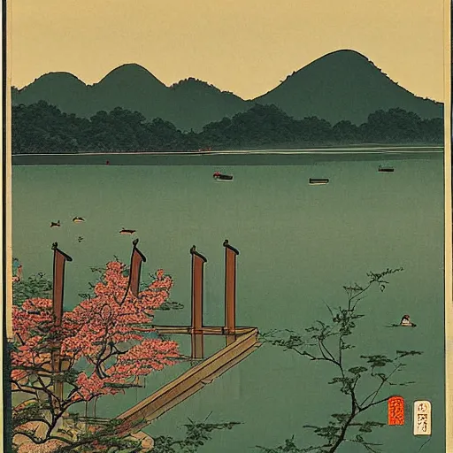 Prompt: West Lake Cultural Landscape of Hangzhou,Hasui Kawase