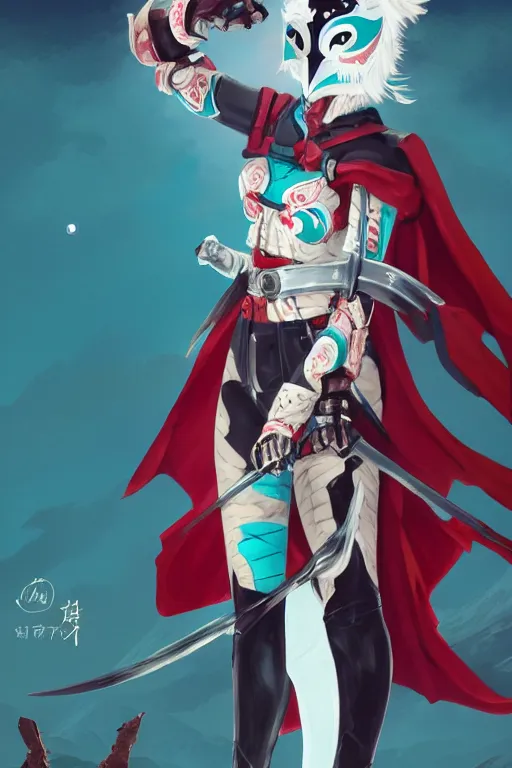 Image similar to female adventurer in tight full - body teal leather armor of japanese design with red accents and a white porcelain crow mask, trending in artstation, japanese, artstation, big moon in the background, establishing shot