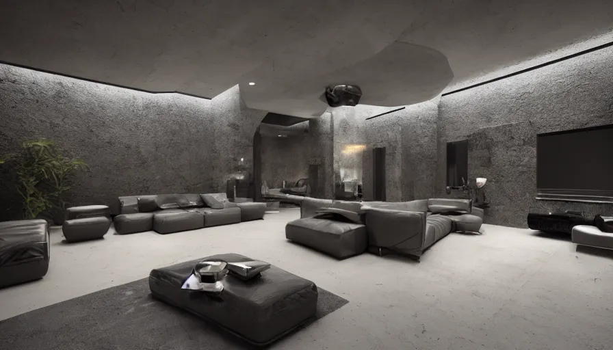 Prompt: a futuristic apartment interior in the style of a granite cavern, black leather couch, luxury, plants, pool, high ceiling, dark moody lighting, foggy atmosphere, 16mm lens, by craig mullins, octane rendering