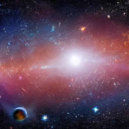 Image similar to A very high resolution satellite picture of outer space, with lots of stars, planets, galaxies, and nebulas, very colorful, very realistic.