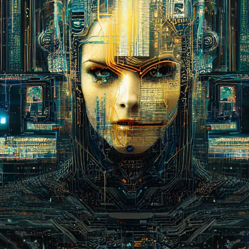 Prompt: a face covered in computer circuits, scifi, bladerunner, cyberpunk, heavy ink, yellow, very detailed eyes, 8 k resolution, by wlop, greg rutkowski