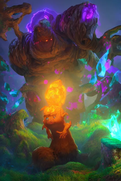 Image similar to arcane fantasy art giant golem elemental wood rock bastion forged gemstone enchanted forest troll, global illumination ray tracing hdr fanart arstation by sung choi and eric pfeiffer and gabriel garza and casper konefal lisa frank zbrush central hardmesh radiating a glowing aura