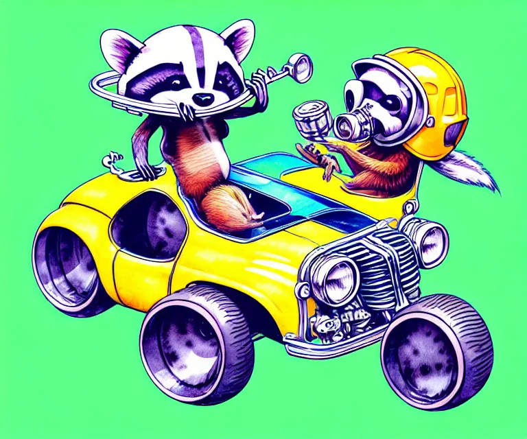 Prompt: cute and funny, racoon wearing a helmet riding in a tiny hot rod with oversized engine, ratfink style by ed roth, centered award winning watercolor pen illustration, isometric illustration by yuriy shevchuk, edited by range murata, tiny details by artgerm, symmetrically isometrically centered