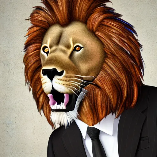 Image similar to a handsome anthropomorphic lion with short hair in an expensive suit, high quality digital art