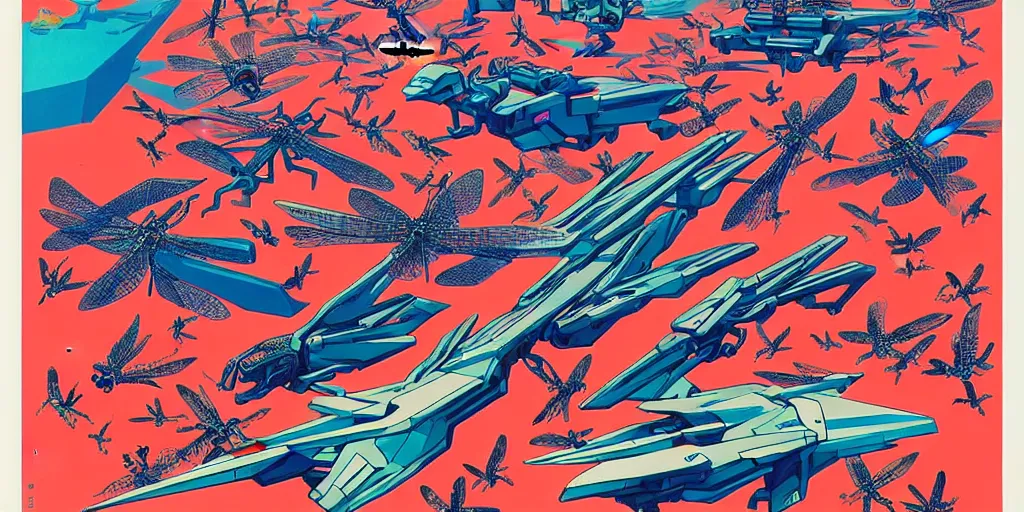 Image similar to risograph rendition, gigantic mecha arzach birds with dragonflies, tiny rats, a lot of exotic animals around, big human faces everywhere, helicopters and tremendous birds, by satoshi kon and moebius, matte bright colors, surreal design, crispy, super - detailed, a lot of tiny details, fullshot