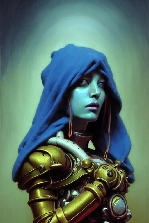 Image similar to character portrait cyberpunk starcraft terran warhammer 4 0 k space marine tech priest warrior princess ( ( ( ( ( ( ( ( totally definitely not negative no not girl with the pearl earring inspired ) ) ) ) ) ) ), beksinski character design, painting by gaston bussiere, katsuya terada, frank frazetta, tom of finland, trending on artstation