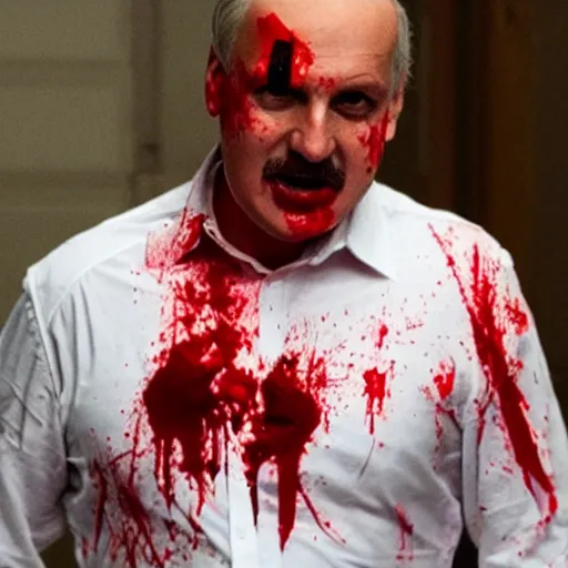 Prompt: Alexander Lukashenko as the American Psycho, staring psychopathically, sweating hard, covered in blood, cinematic still