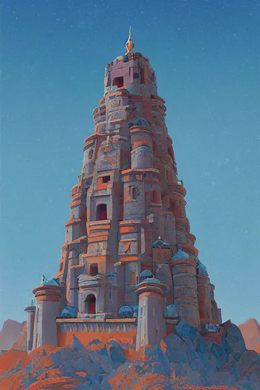 Image similar to glorious painted tower of the moon, by Sylvain Sarrailh and Ludwig Deutsch and Nicholas Roerich, dramatic cinematic lighting , beautiful colorful tilework, ornate architecture, smooth, sharp focus, extremely detailed