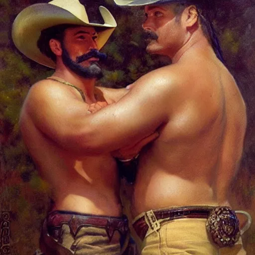 Prompt: a beautiful dramatic tarot card of a shirtless gorgeous cowboy. he is wearing cowboy boots. he has a thick build dadbod and a mustache. homoerotic, highly detailed painting by gaston bussiere, craig mullins, j. c. leyendecker 8 k