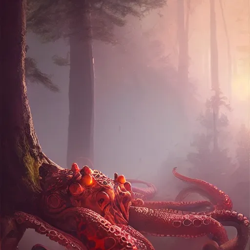 Image similar to Forest Octopus under the red sun of Akkaroth, before the final culling, trending on artstation, high detail, masterpiece, in the style of Ruan Jia