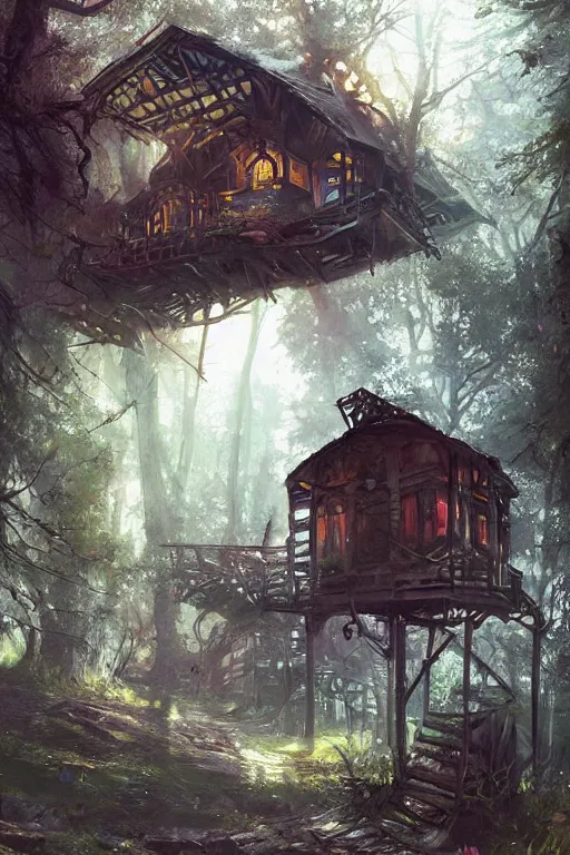 Prompt: a cheerful ramshackle multistory hut in the woods, well armored, intricate, elegant, fantasy, highly detailed, digital painting, concept art, sharp focus, illustration, beautiful volumetric lighting, magic hour lighting, colorful, artstation, art by artgerm and greg rutkowski