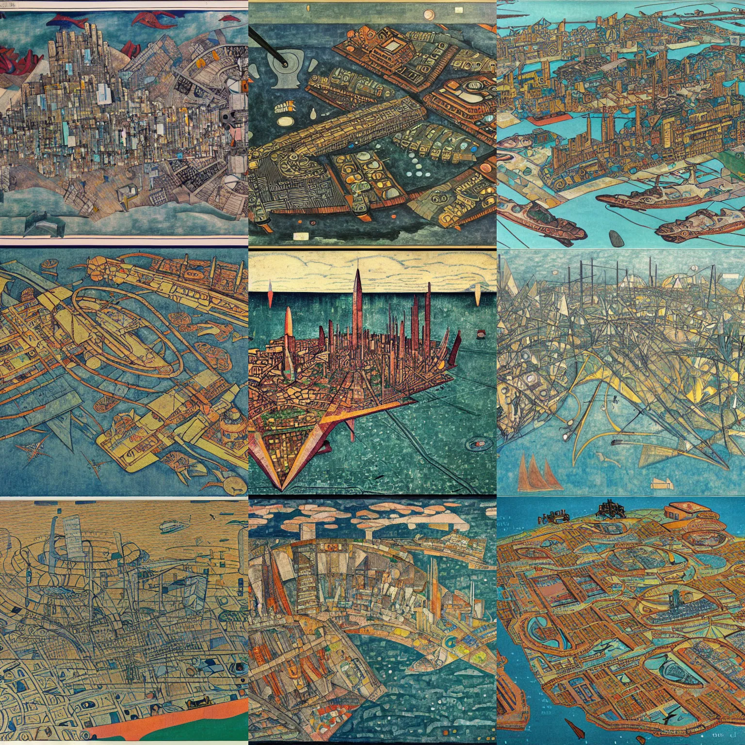 Prompt: a detailed map of a futuristic dystopian city located in an island surrounded by water with a few flying ships stationed around it, in the style of diego rivera schiele, full color, exploded view