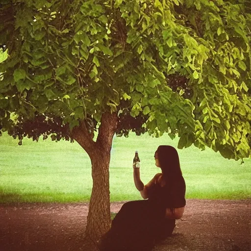 Image similar to “ girl drinking a beer under a tree, by evan cohen ”