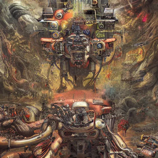 Prompt: intergalactic ver.ka mecha zoo by Dan Seagrave and by Dan Witz, glossy digital painting, horrorcore