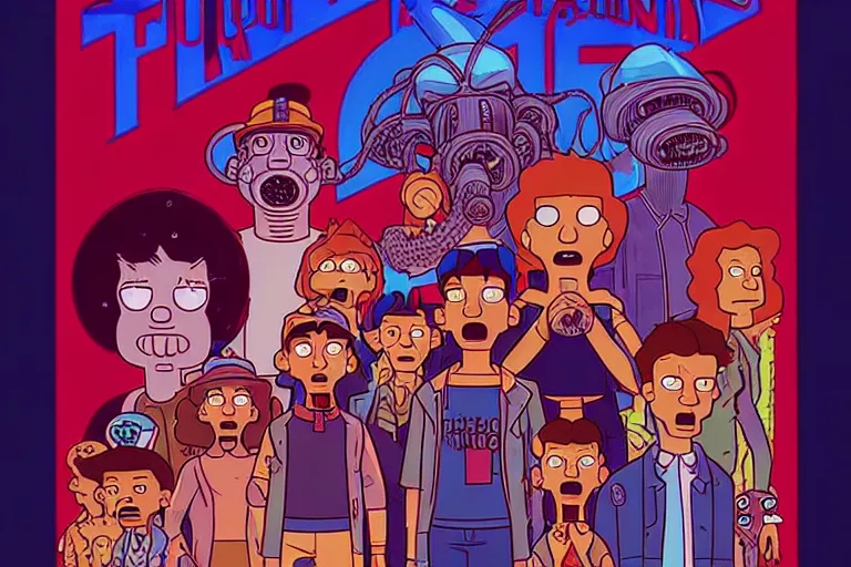 Image similar to scene from the animated version of Futurama Stranger Things with Jim Hopper and Demogorgon, cartoon, detailed faces, high resolution, hyper detailed, intricate, illustrated, dramatic lighting, illustration, artstation, concept art, smooth, sharp focus, art by Alphonse Mucha and Matt Groening !n-9