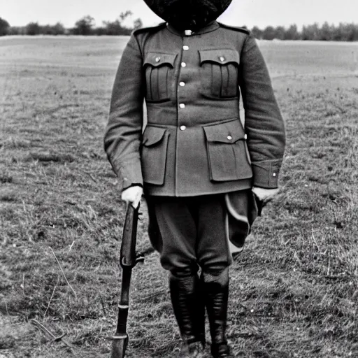 Image similar to a rabbit wearing a ww1 uniform posing in no man's land, black and white grainy photograph