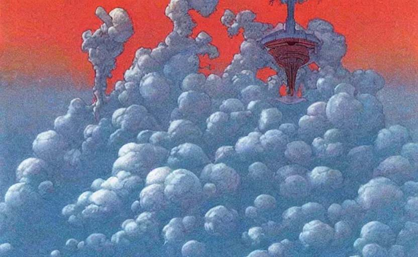 Prompt: anunnaki on a nimbus cloud, by moebius,