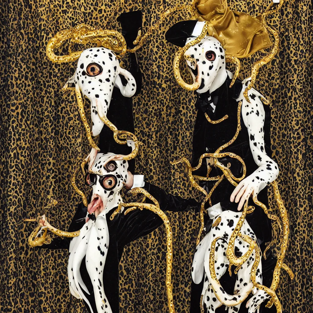 Prompt: 1 9 9 7 luxurious sumptuous and elegant portrait of a masked squid at black tie ball, with a beautiful dalmatian chained to each tentacle. holding a mollusc filled with champagne. velvet gold opulence and flash photography falling through the door of a decadent washroom