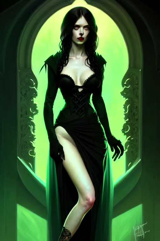 Image similar to portrait of a dark fantasy seductive female necromancer, stylish black dress, green eyes, long red hair, fantasy, elegant, intricate, full frontal shot, highly detailed, digital painting, artstation, concept art, sharp focus, illustration, art by artgerm and greg rutkowski and alphonse mucha