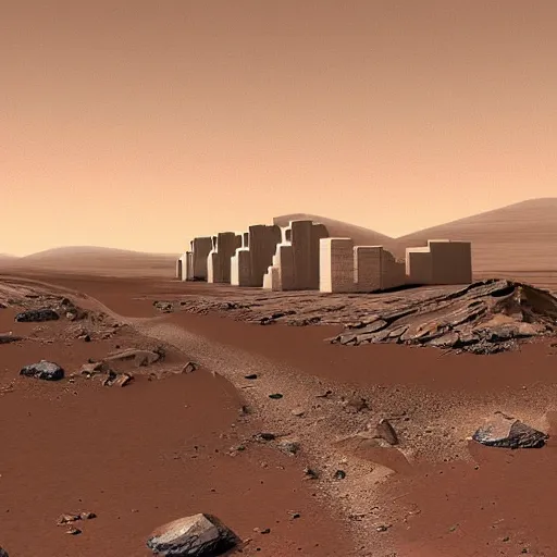 Image similar to a streetscape on mars in the future with many structures, realism