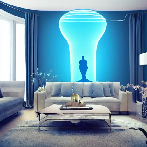 Prompt: a large blue florescent light lamp, inspired by a woman body, placed in a living room, home design magazine HD photo super realistic 3d 8k resolution