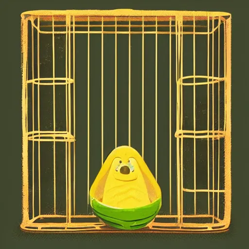 Image similar to an album cover about a cage with a banana inside it.