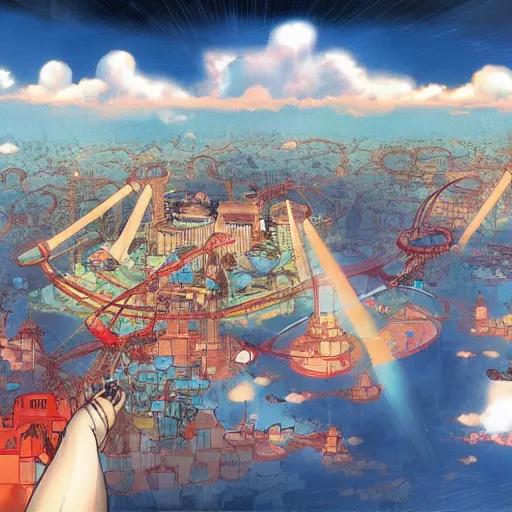 Image similar to a theme park in the clouds, by satoshi kon