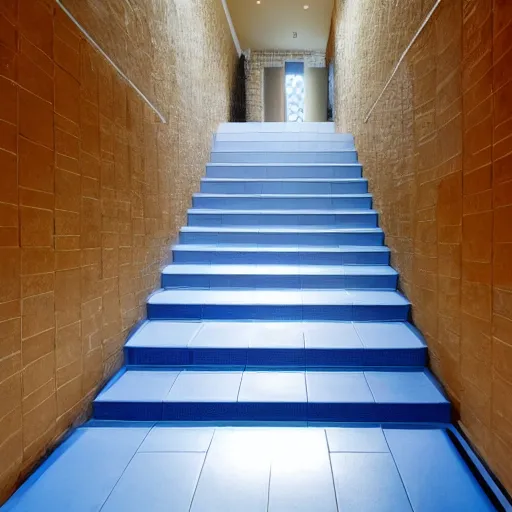 Image similar to windowless hall with small blue tiles, steps to a a water pool