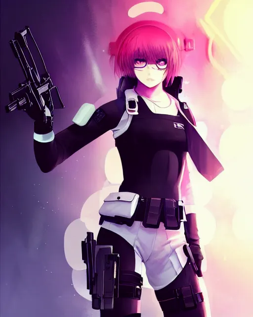 Image similar to 2 b, anime key visual of a young female swat officer, neon, cyberpunk, futuristic, white outfit, black swat vest, swat helmet, holding pdw, stunning, highly detailed, digital painting, smooth, soft focus, illustration, poster, japanese typography, digital art from artstation by artgerm and greg rutkowski and alphonse mucha