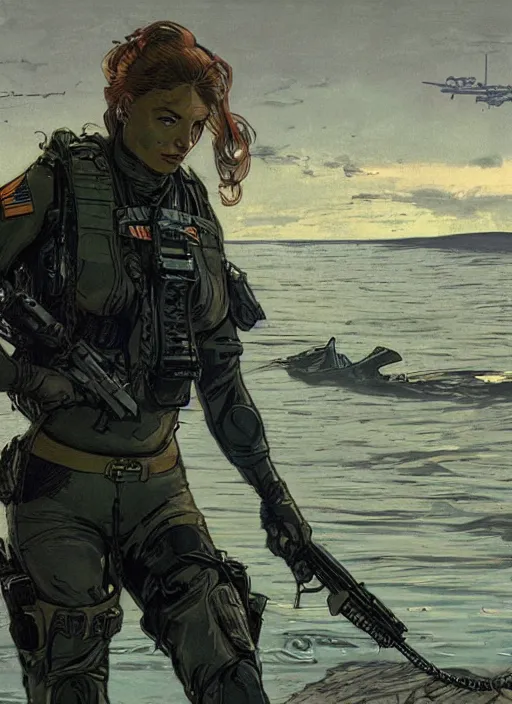 Image similar to Sonya. USN blackops operator emerging from water at the shoreline. Agent wearing Futuristic stealth suit and looking at an abandoned shipyard. rb6s, MGS, and splinter cell Concept art by James Gurney, Alphonso Mucha. Vivid color scheme.