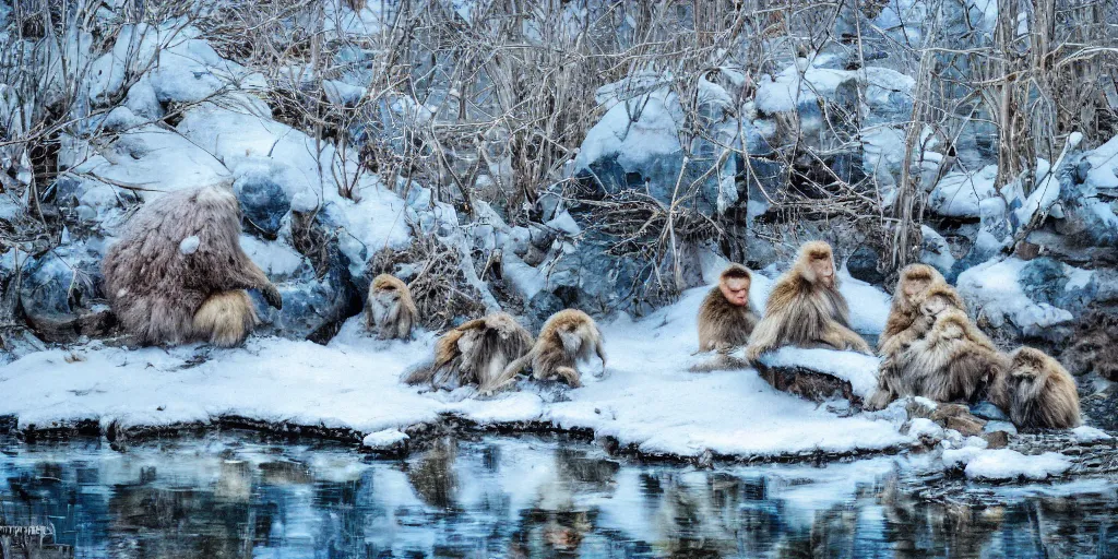 Prompt: scenic mountain setting, a family of snow monkeys gather at the natural spa to get warm, highly detailed, snow flurry, cold, steamy, desaturated blue, by Antoine Blanchard, inquisitive, striking, contemplative, happy, content, warm, by Antoine Blanchard