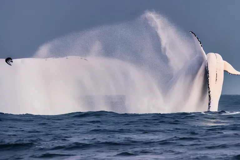 Prompt: photography of a gigantic white whale jumping a wave at nazare