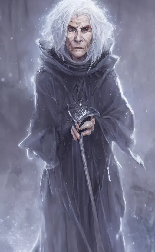 Image similar to an older woman with silver hair and piercing blue eyes. she's wearing a dark, hooded cloak and looks like she knows her way around a sword, dynamic lighting, photorealistic fantasy concept art, trending on art station, stunning visuals, creative, cinematic, ultra detailed