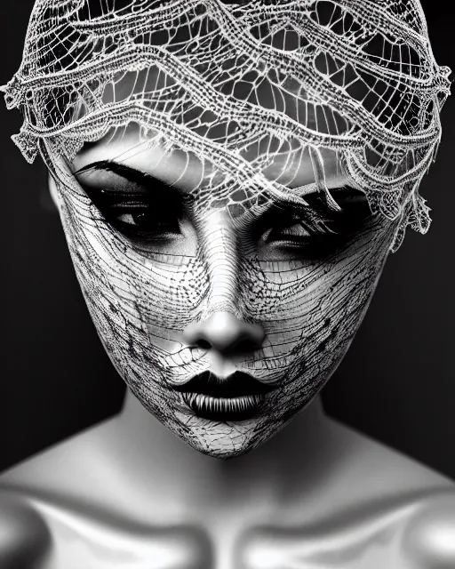 Image similar to surreal mythical dreamy dark artistic black and white fine art photo of a beautiful young female medusa - cyborg covered with lace fish scales and translucent algae, highly detailed, intricate crystal ivy jelly fish scales ornate, lace web, poetic, octane render, 8 k, photo - realistic