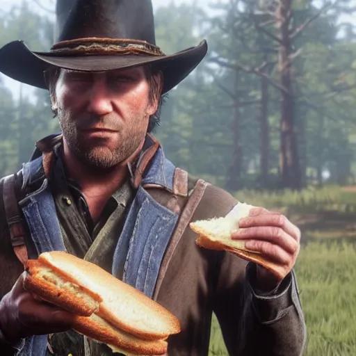 Prompt: arthur morgan from red dead redemption 2 eating a sandwich photo - realistic