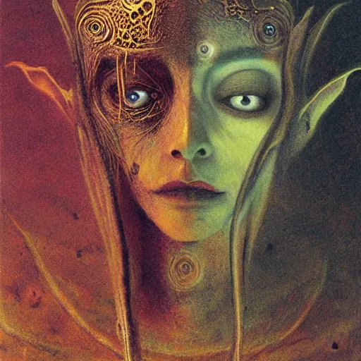 Image similar to portrait of ethereal goblin princess in golden armour by Beksinski