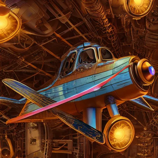 Image similar to wooden bi plane, steampunk, extreme closeup, center frame, symmetric, rim light, bioluminescence, electric, soft, concept art, intricate details, highly detailed, colorful, photorealistic, disney pixar, octane render, iridescent, anime, 8 k